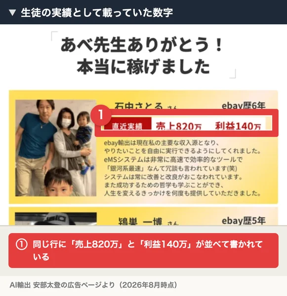「直近実績 売上820万 利益140万」と赤枠で示された生徒の実績欄