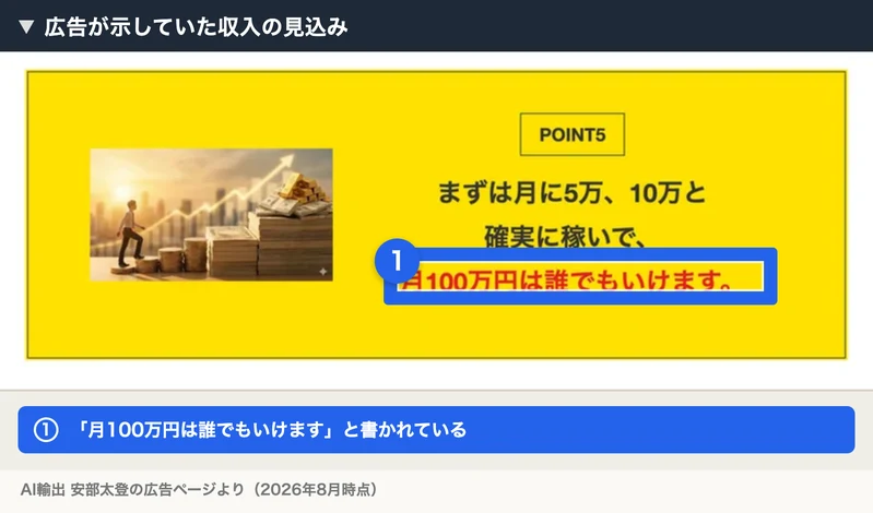 「まずは月に5万、10万と確実に稼いで、月100万円は誰でもいけます。」と書かれた広告の説明