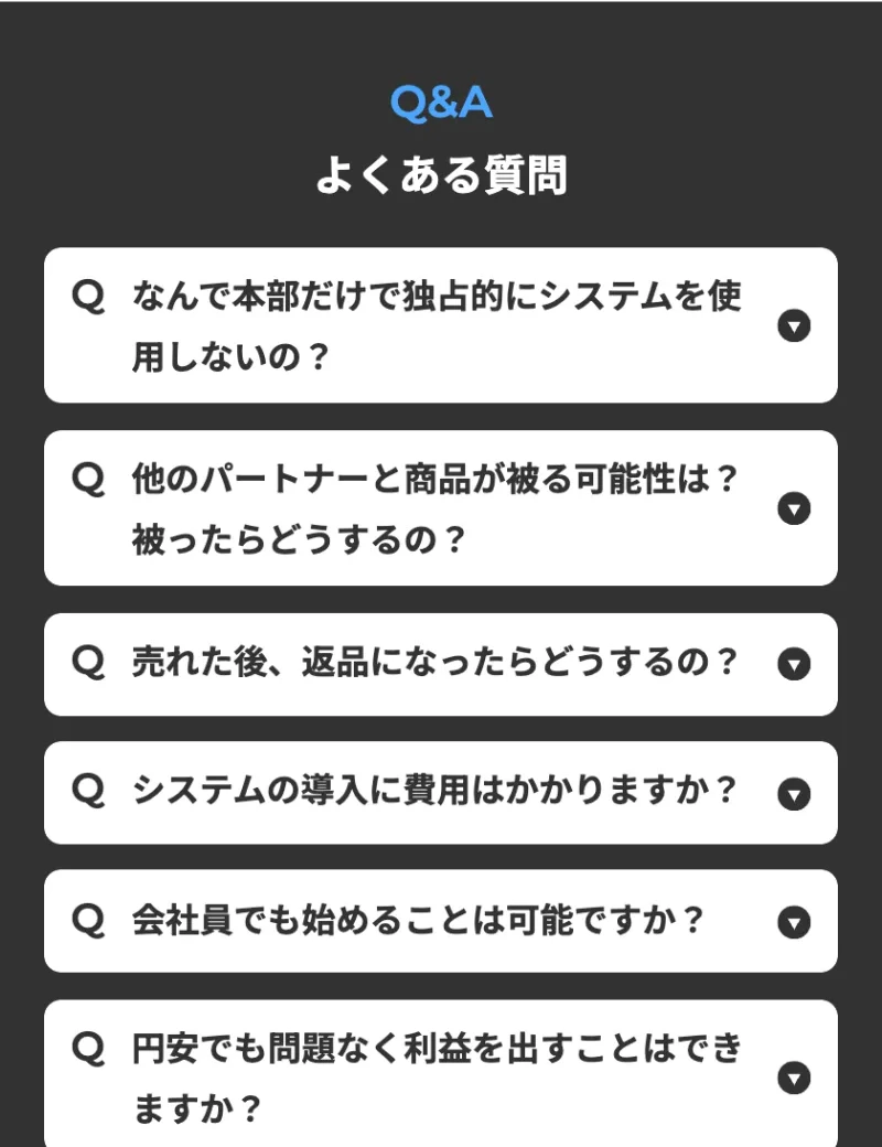 「システムの導入に費用はかかりますか?」「会社員でも始めることは可能ですか?」などのよくある質問を並べたACCESSのQ&A画面