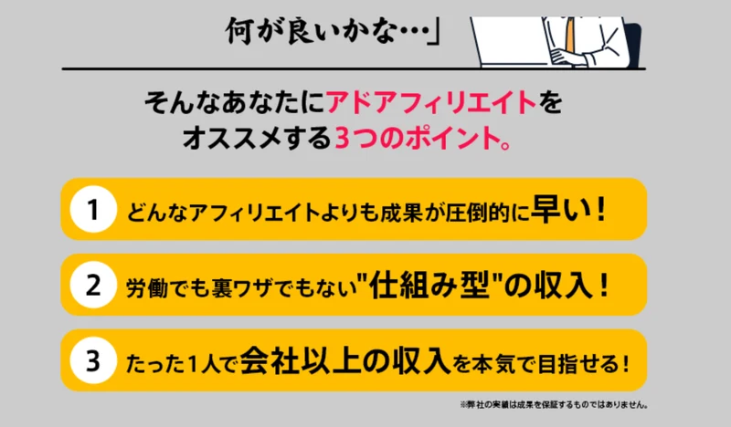 「そんなあなたにアドアフィリエイトをオススメする3つのポイント」として、成果が早い、仕組み型の収入、1人で会社以上の収入を目指せると並べた広告ページの画面