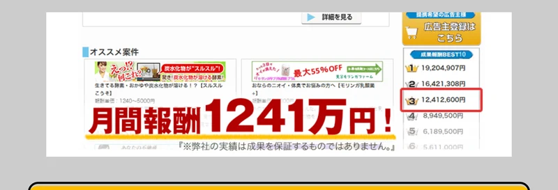 アフィラボの広告ページに掲載された、ASPの報酬ランキングで3位の12,412,600円が赤枠で囲まれ「月間報酬1241万円!」と書かれた画像