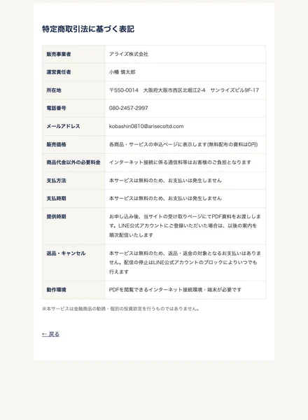 販売事業者アライズ株式会社、運営責任者小幡慎太郎、所在地は大阪府大阪市西区北堀江、電話番号080-2457-2997と記載された特定商取引法のページ