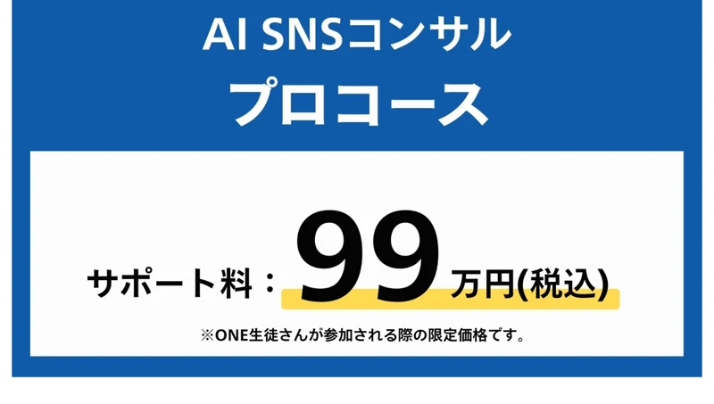 AI ONEのプラン説明ページ。AI SNSコンサル プロコース サポート料99万円(税込)、その下に「※ONE生徒さんが参加される際の限定価格です」と書かれている