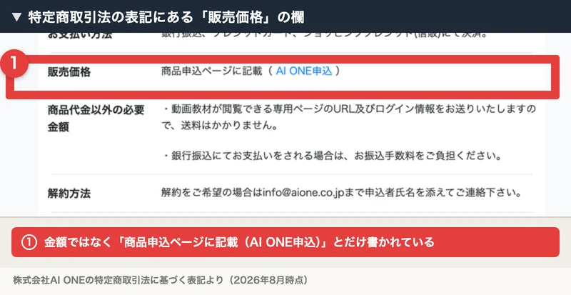 株式会社AI ONEの特定商取引法に基づく表記。販売価格の欄が「商品申込ページに記載(AI ONE申込)」となっている箇所に赤枠と注釈が付いている
