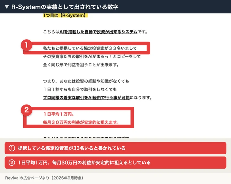 1つ目はR-System、AIを搭載した自動で投資が出来るシステム、提携している協定投資家が33名いてその取引をAIがコピーする、1日平均1万円で毎月30万円の利益が安定的に狙えると書かれた広告ページ