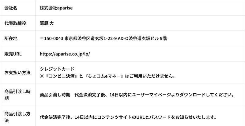 アパリセの特定商取引法に基づく表記。会社名・代表取締役・所在地・販売URL・お支払い方法などが並んでいるが、販売価格の欄がない