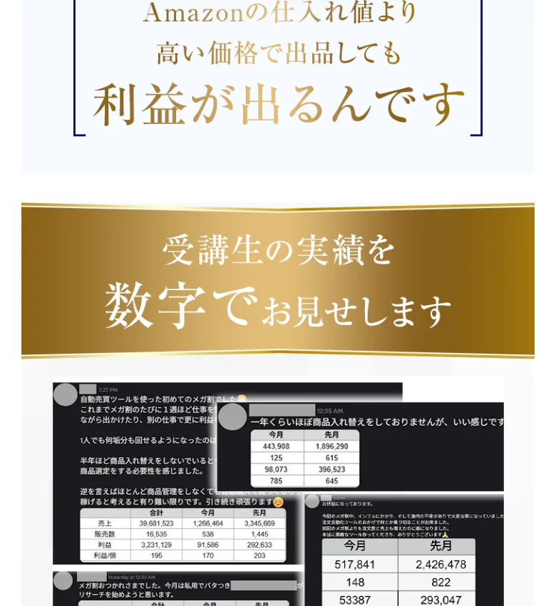 「Amazonの仕入れ値より高い価格で出品しても利益が出るんです」と説明している広告ページの箇所