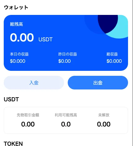 AveLinkのウォレット画面。総残高0.00USDT、本日の収益、昨日の収益、総収益が並び、入金と出金のボタンが表示されている