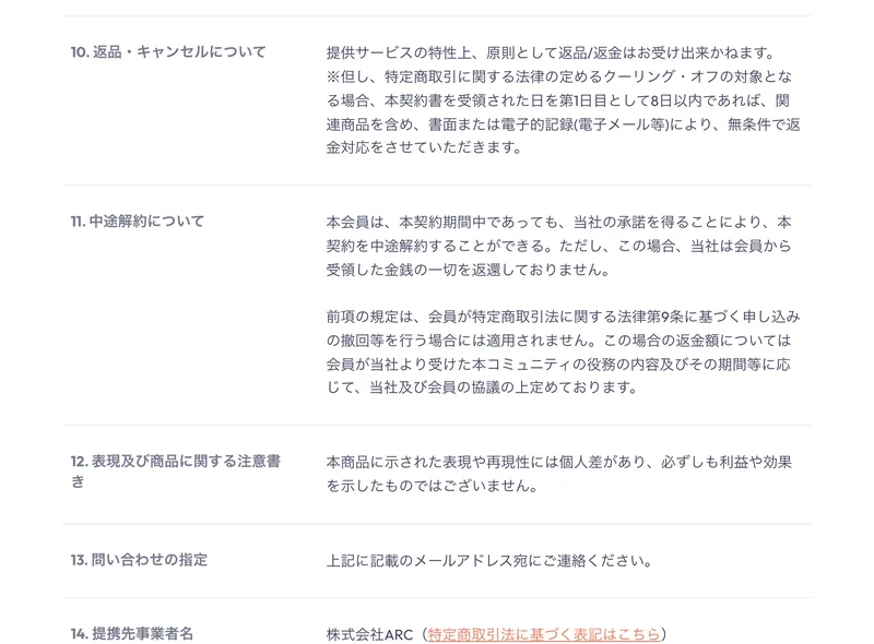 原則として返品・返金は受けられず、中途解約しても受領した金銭は返還しないと書かれた特商法の返品・解約条件