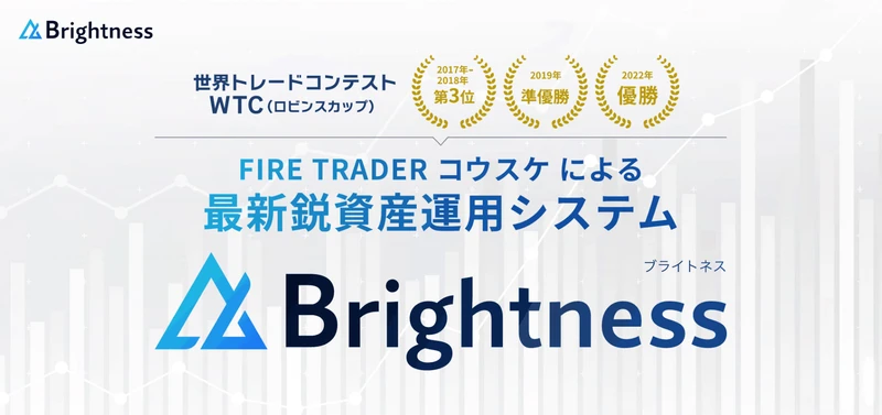 世界トレードコンテストWTC（ロビンスカップ）2017年2018年第3位、2019年準優勝、2022年優勝、FIRE TRADER コウスケによる最新鋭資産運用システム Brightnessと書かれた広告ページ