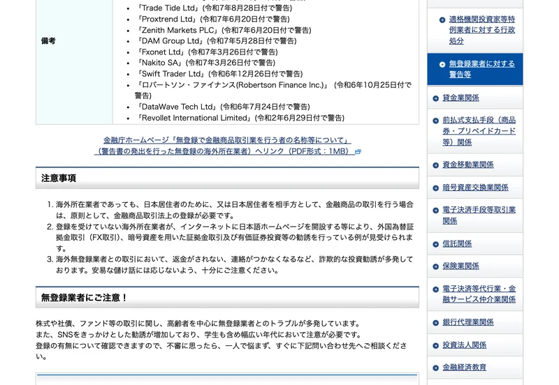 同一もしくは酷似した所在地の業者として、Trade Tide Ltd、Proxtrend Ltd、Swift Trader Ltdなど11社の名前と警告日が並ぶ関東財務局の公表資料