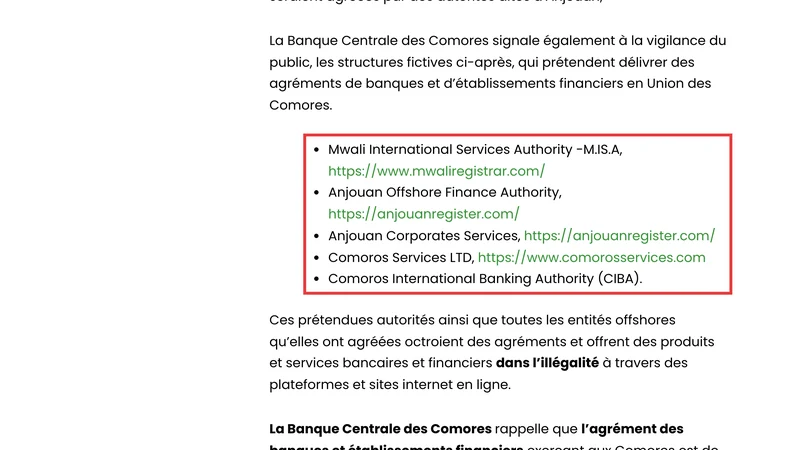 コモロ中央銀行が「架空の組織」として列挙したリスト。ムワリ国際サービス局とmwaliregistrar.comのURLが記載されている