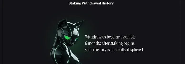 「Withdrawals become available 6 months after staking begins, so no history is currently displayed」と表示された出金履歴の画面