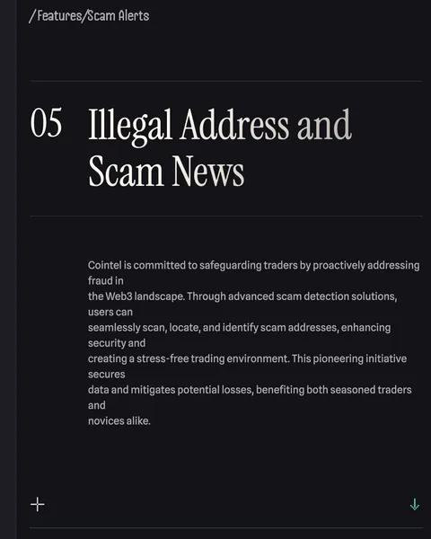 Illegal Address and Scam Newsという見出しで、詐欺の検出機能を説明したCointelの公式サイト