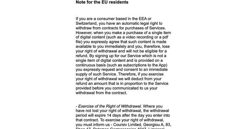 Coursivの返金ポリシー。EEAまたはスイスに拠点を置く消費者であれば、サービスの購入契約から撤回する法的権利が自動的にあると書かれている