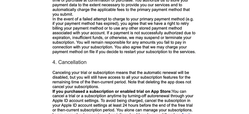 Coursivのサブスクリプション規約。主要な支払方法への請求が失敗した場合、再試行するか、アカウントに関連付けられた他の保存済み支払方法を使用する権利があると書かれている