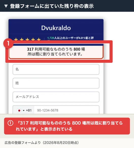 「317 利用可能なもののうち 800 場所は既に割り当てられています」と赤枠で囲まれた登録フォームの表示