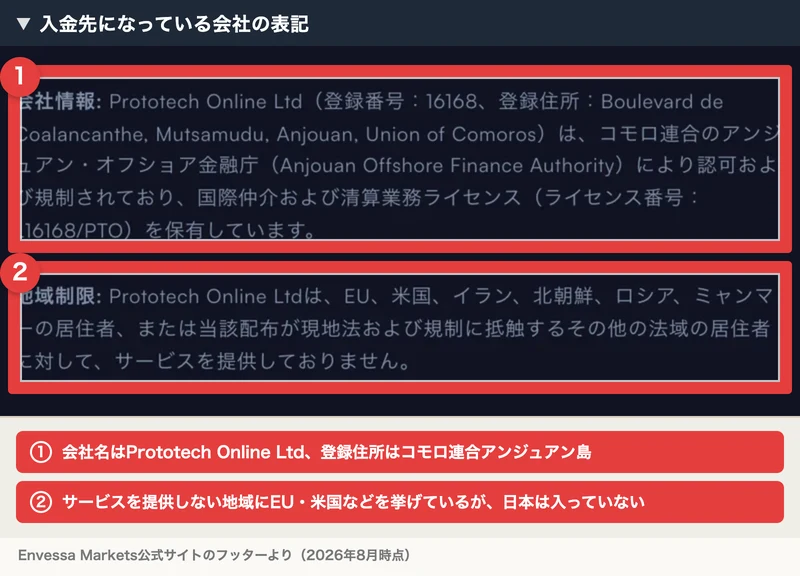 会社名はPrototech Online Ltd、登録住所はコモロ連合アンジュアン島と書かれた公式サイトのフッター