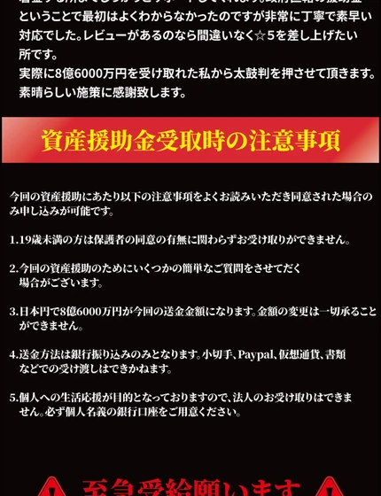 会社名や住所の記載がなく、Copyright 資産援助とだけ書かれたFCM資産援助金の案内ページ最下部