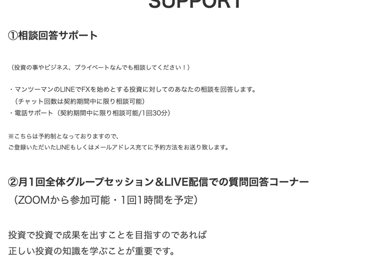 マンツーマンのLINE相談、1回30分の電話サポート、ZOOMでの月1回グループセッションを挙げたサポート内容の画面