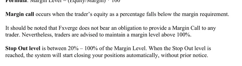 Fxvergeの証拠金情報の文書。ストップアウト水準は証拠金維持率の20%から100%の間であり、到達すると事前の通知なくポジションの決済が始まると記載されている