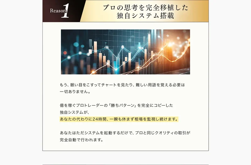 プロの思考を完全移植した独自システム搭載と書かれ、24時間相場を監視し続けると説明するゴールドスナイパーの広告
