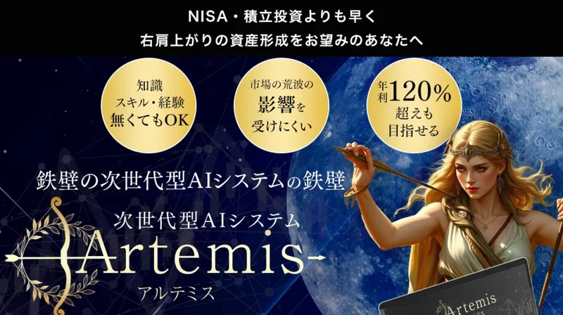 次世代型AIシステムArtemis、先着100名限定で無料プレゼント、年利120%超えも目指せると書かれた広告