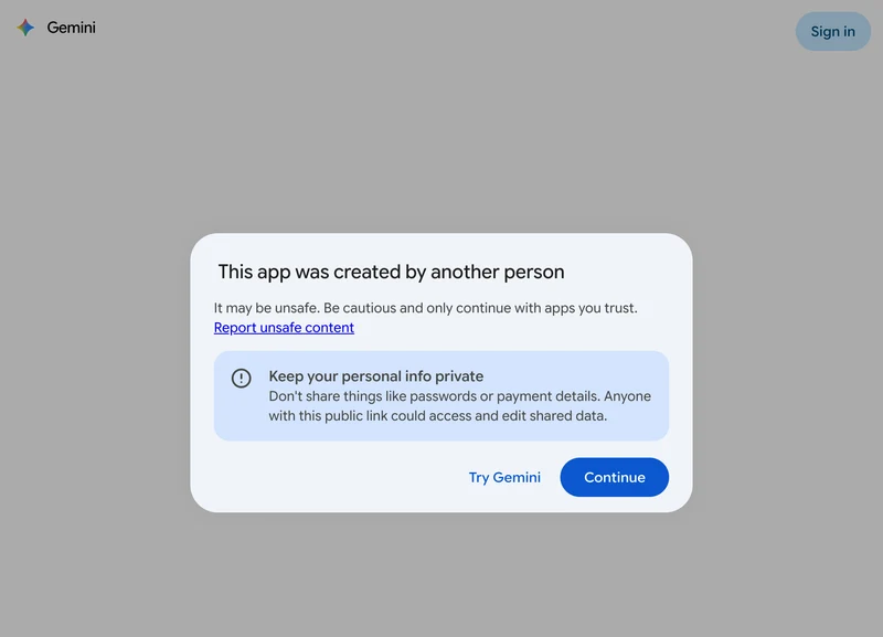 Geminiの共有ページ。「This app was created by another person」「It may be unsafe. Be cautious and only continue with apps you trust」という警告が表示されている
