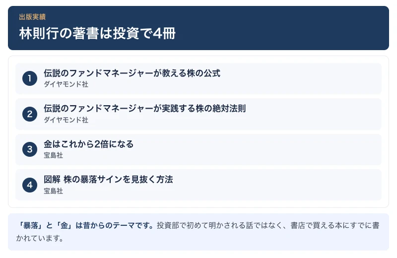 伝説のファンドマネージャーが教える株の公式など、ダイヤモンド社2冊と宝島社2冊の著書を並べた図