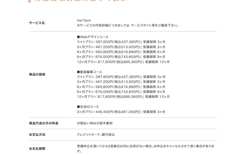 HerTechの特定商取引法のページ。Webデザインコースがライトプラン397,600円(税込437,360円)から12ヶ月プラン817,600円(税込899,360円)まで5段階で記載されている