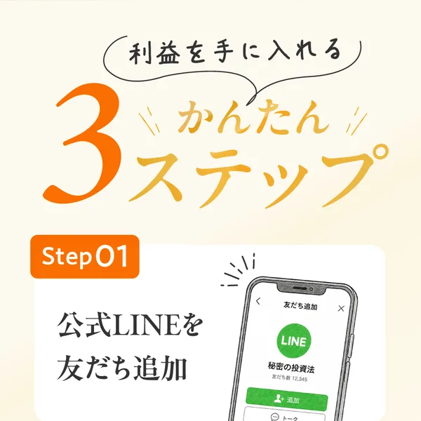 「利益を手に入れるかんたん3ステップ」として、まず公式LINE「秘密の投資法」の友だち追加を促す広告画面