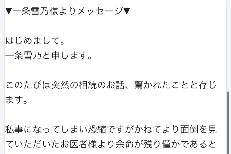 「一条雪乃様よりメッセージ」として、医者から余命が残り僅かと宣告された、ユニセフや赤十字、世界中の難民団体から個人支援まで様々な支援を行ってきたと書かれた画面