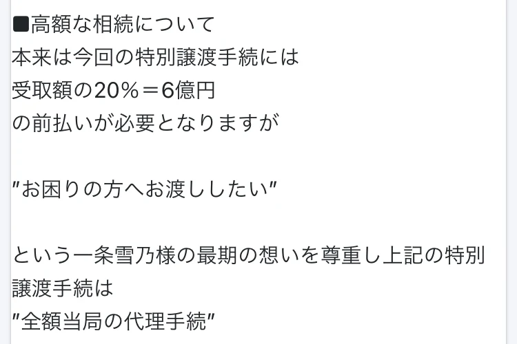 「高額な相続について」として、本来は受取額の20%=6億円の前払いが必要だが、一条雪乃様の想いを尊重し全額当局の代理手続にて完了させることが決定した、完全無料にて30億円を受け取れると書かれた画面