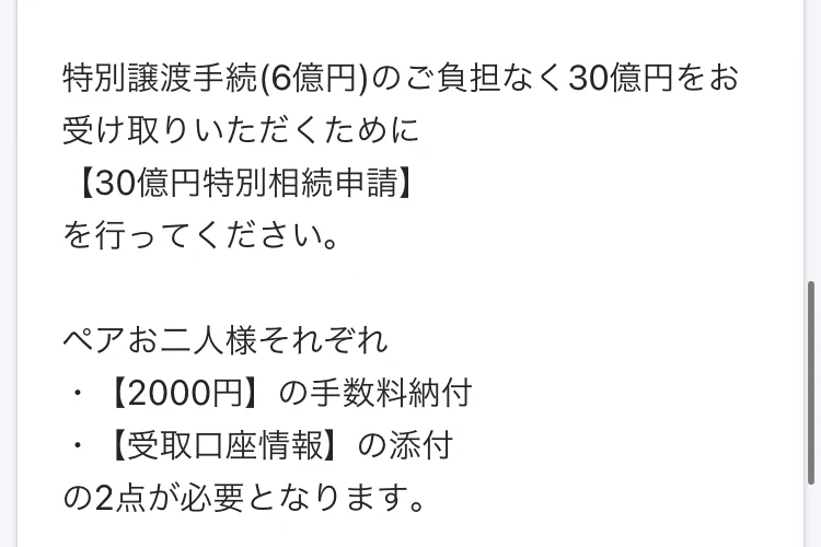 「30億円ペア相続受取」として、ペアお二人様それぞれに2000円の手数料納付と受取口座情報の添付の2点が必要と書かれた画面