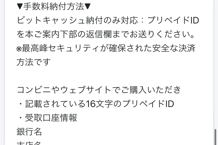 手数料納付方法として、ビットキャッシュ納付のみ対応、コンビニやウェブサイトで購入して記載されている16文字のプリペイドIDと、銀行名・支店名・口座番号・口座名義を返信欄まで送るよう書かれた画面