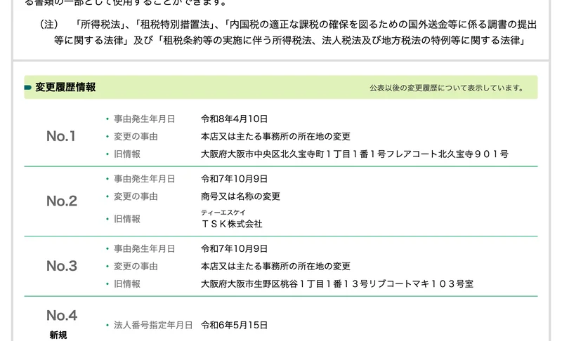 国税庁の法人番号公表サイトの変更履歴情報。令和7年10月9日に商号がTSK株式会社から変更され、令和8年4月10日に本店が大阪市中央区から移転したと記載されている