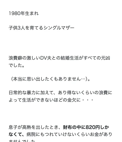 1980年生まれ、子供3人を育てるシングルマザー、DV夫との結婚生活が元凶だったとつづる宮川みかの経歴画面