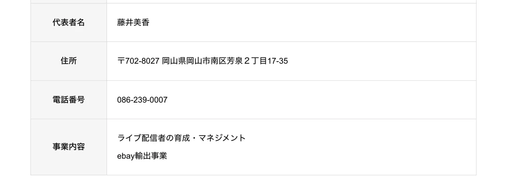 株式会社GARDENの会社概要ページ。代表者名が藤井美香、住所が岡山県岡山市南区芳泉、事業内容がライブ配信者の育成とebay輸出事業と記載されている