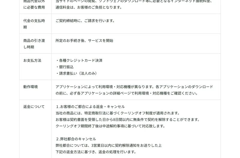 返金についての欄に、特定商取引法に基づくクーリングオフ制度が適用され、契約書面を受領した日から8日間以内に無条件で契約を解除することができますと記載されている