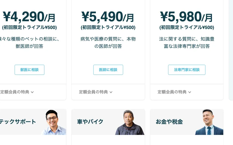 ペット¥4,290、医療¥5,490、法律¥5,980と初回トライアル¥500が併記された料金カード