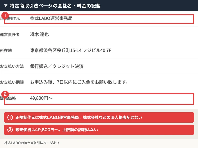 特定商取引法に基づく表示のページ。正規制作元「株式LABO運営事務局」、運営責任者「冴木達也」、所在地「東京都渋谷区桜丘町15-14 フジビル40 7F」、お支払い方法「銀行振込／クレジット決済」、販売価格「49,800円〜」と記載されている