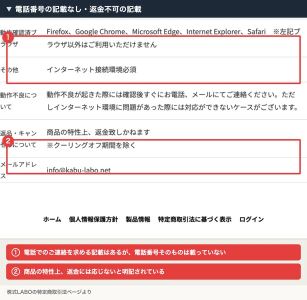 特定商取引法のページの一部。動作確認済ブラウザの記載に続き「返品・キャンセルについて」の項目に「商品の特性上、返金致しかねます」「※クーリングオフ期間を除く」と記載されている