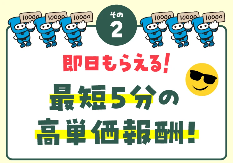 その2として即日もらえる、最短5分の高単価報酬と書かれ、1万円札を持ったキャラクターが並んでいる広告の画面