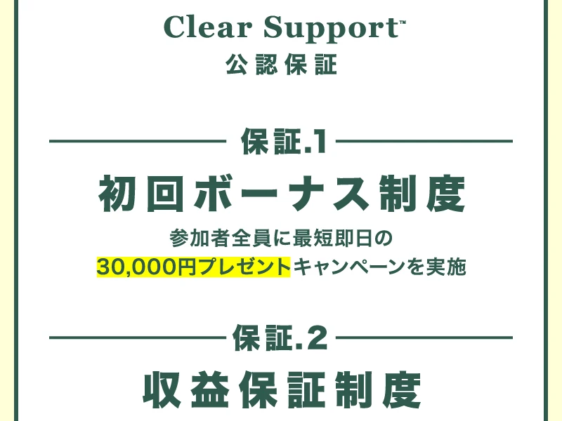 保証1 初回ボーナス制度、参加者全員に最短即日の30,000円プレゼントキャンペーンを実施、保証2 収益保証制度と並んだ広告の画面