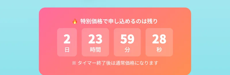 「特別価格で申し込めるのは残り2日23時間59分」というカウントダウンが出ている株式会社英の広告ページ