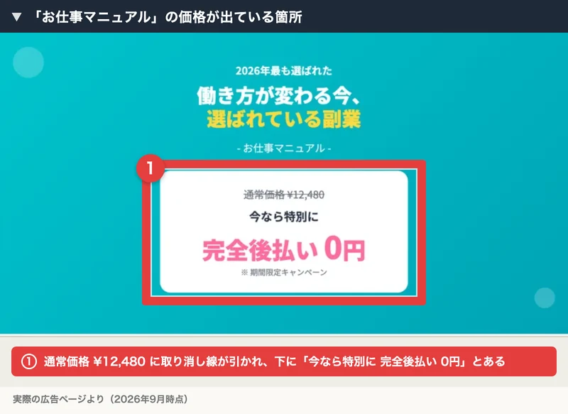 お仕事マニュアルの通常価格12,480円に取り消し線が引かれ、その下に完全後払い0円と書かれた株式会社英の広告ページ