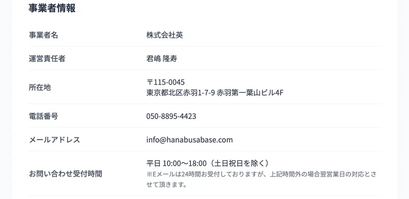 事業者名 株式会社英、運営責任者 君嶋 隆寿、所在地 東京都北区赤羽1-7-9 赤羽第一葉山ビル4F、電話番号050-8895-4423が並ぶ特定商取引法に基づく表記