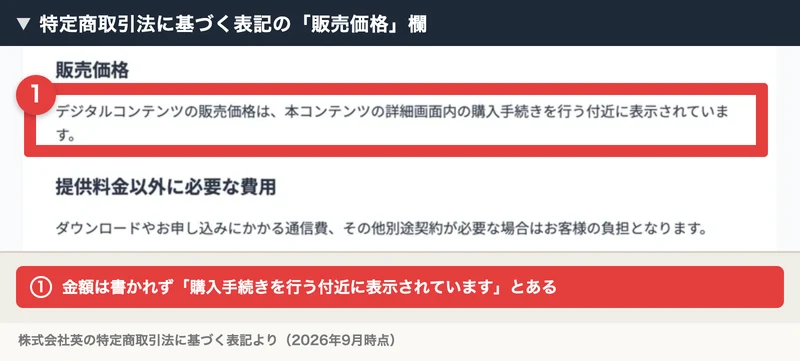 特定商取引法に基づく表記の販売価格の欄に、金額ではなく「本コンテンツの詳細画面内の購入手続きを行う付近に表示されています」と書かれている