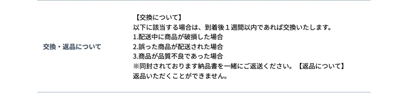 交換返品について、返品いただくことができませんと書かれた特定商取引法のページ