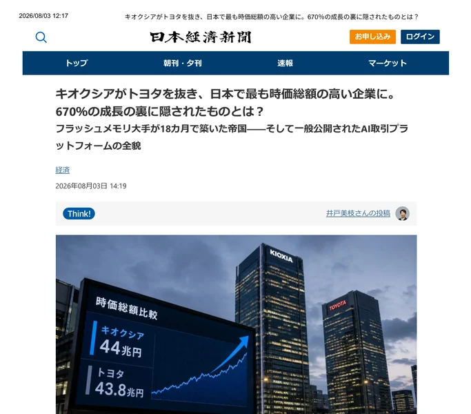 日本経済新聞の題字とトップ・朝刊夕刊・速報・マーケットのナビゲーションを再現し、「キオクシアがトヨタを抜き、日本で最も時価総額の高い企業に。670%の成長の裏に隠されたものとは？」という見出しを掲げたページ。URLはalderionme.comと表示されている